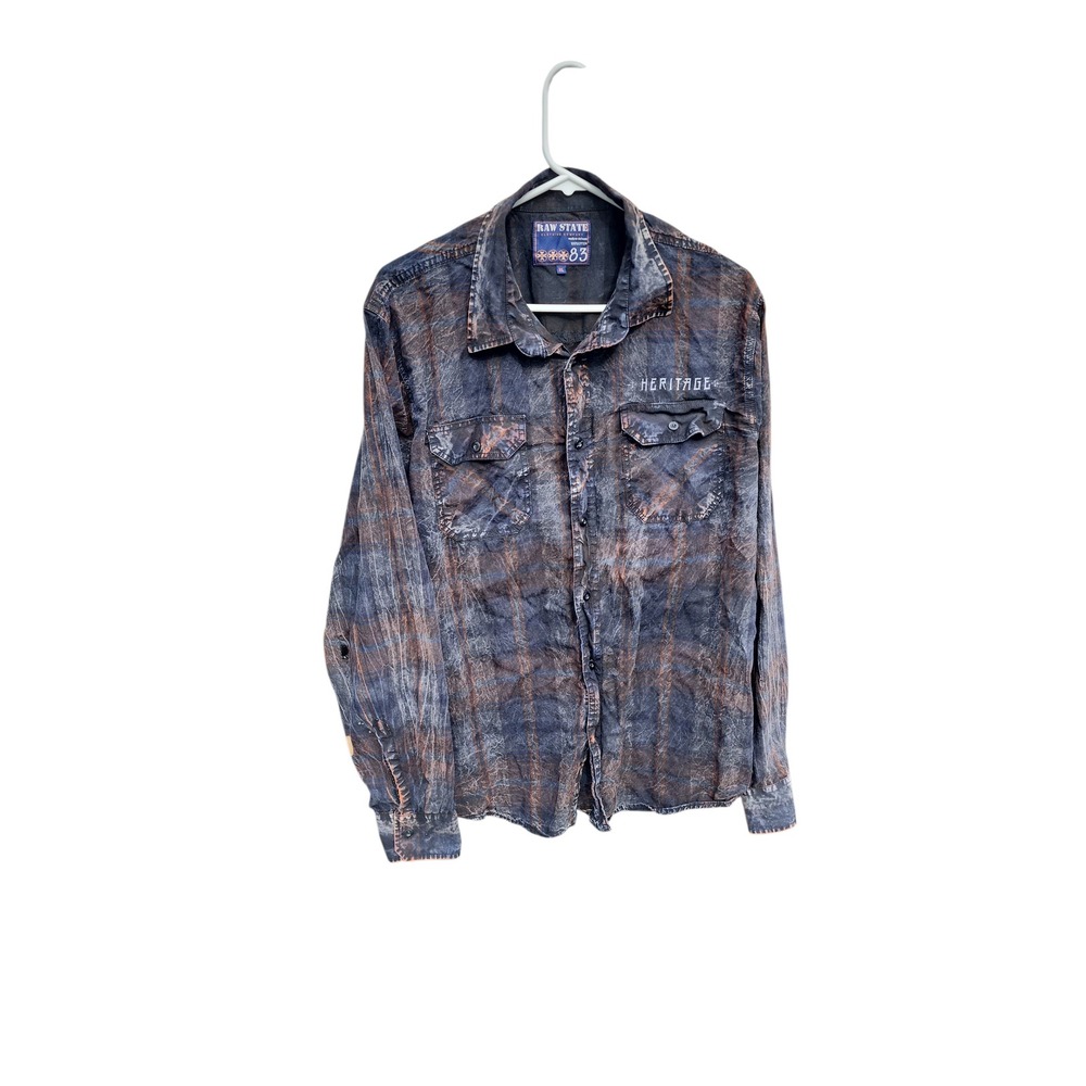 RAW STATE Mens Plaid Button Down Shirt Heritage Graphic Print Denim XL